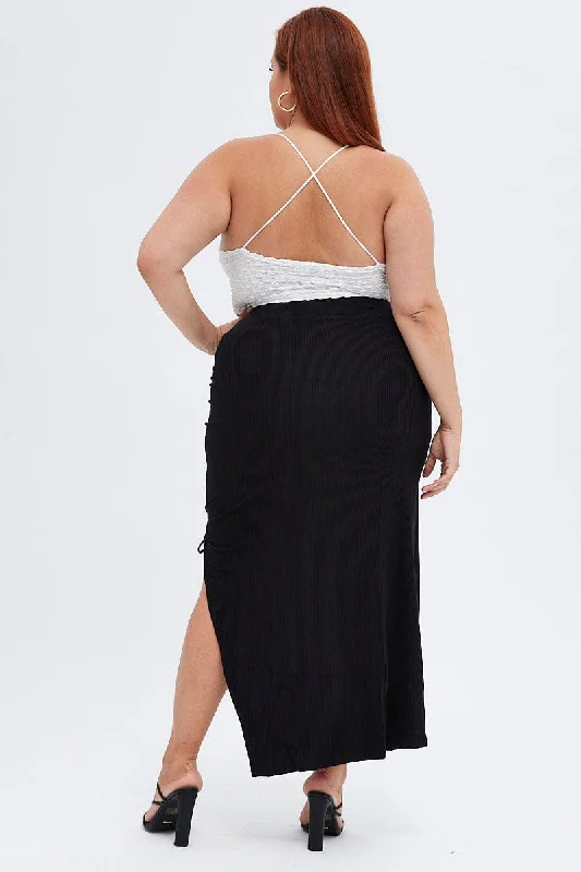 Black Midi Skirt High Waist Split Ribbed Jersey