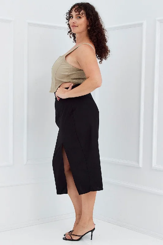 Black Midi Skirt Slim Fit Split Cotton