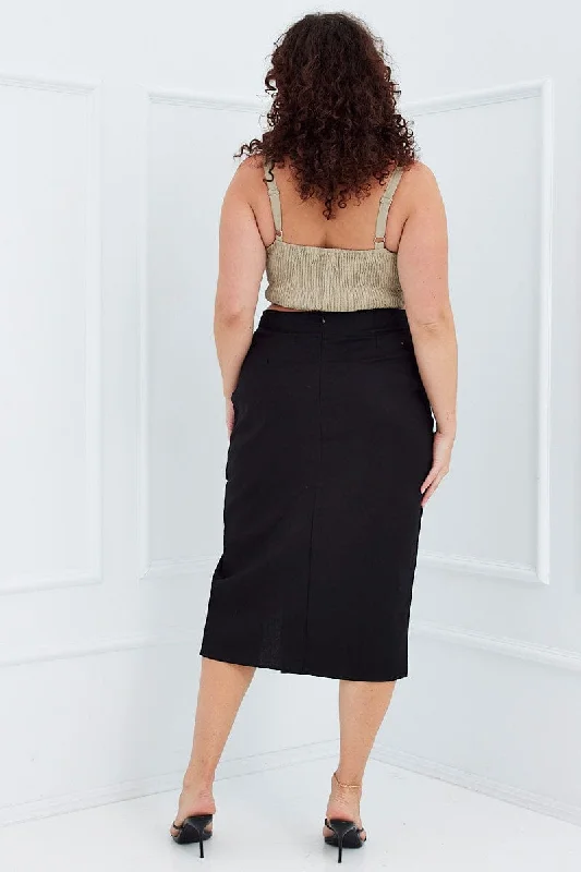 Black Midi Skirt Slim Fit Split Cotton