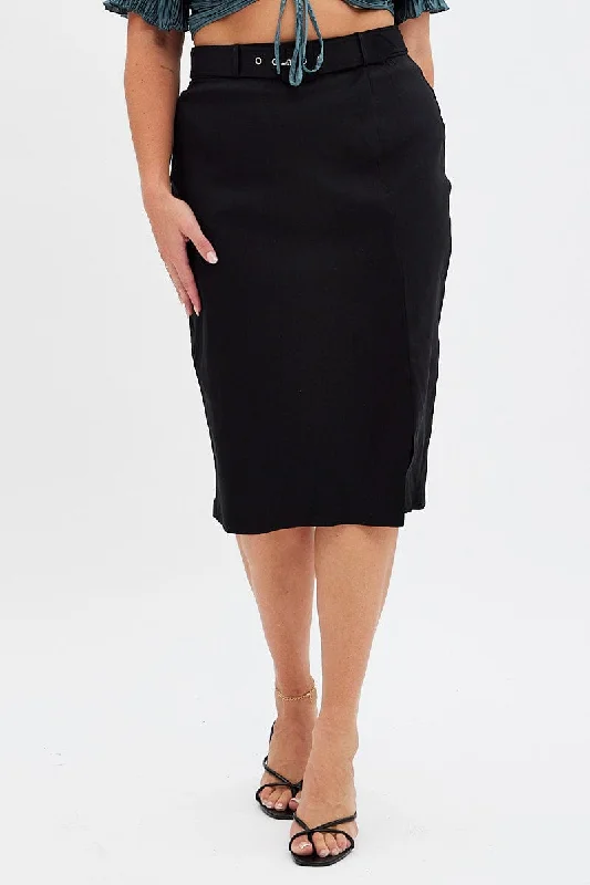 Black Midi Skirt Tailored Work Pencil With Attached Belt