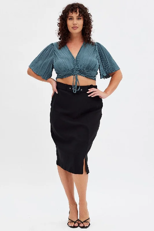 Black Midi Skirt Tailored Work Pencil With Attached Belt