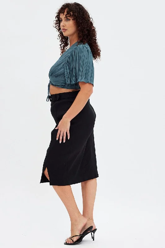 Black Midi Skirt Tailored Work Pencil With Attached Belt