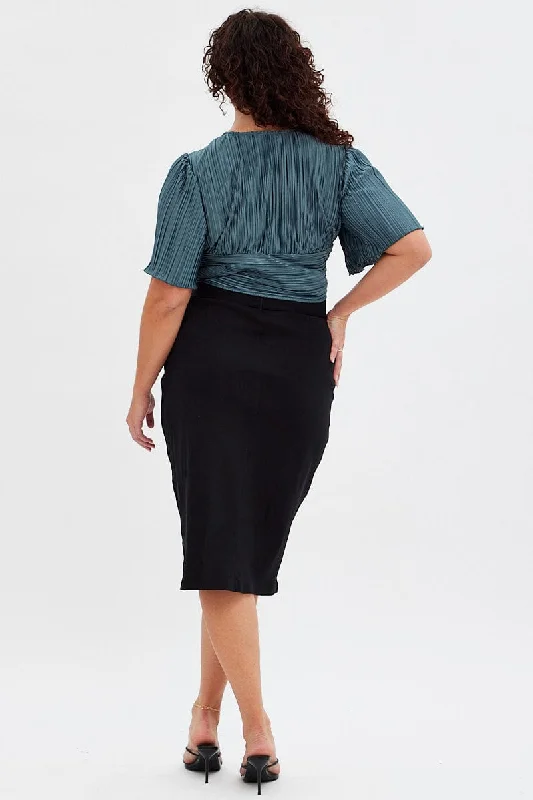 Black Midi Skirt Tailored Work Pencil With Attached Belt