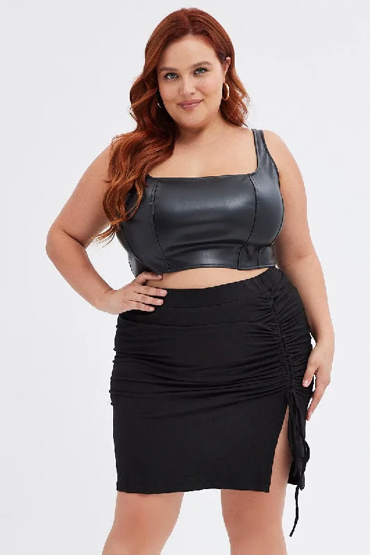 Black Midi Skirt Textured Rib Bodycon