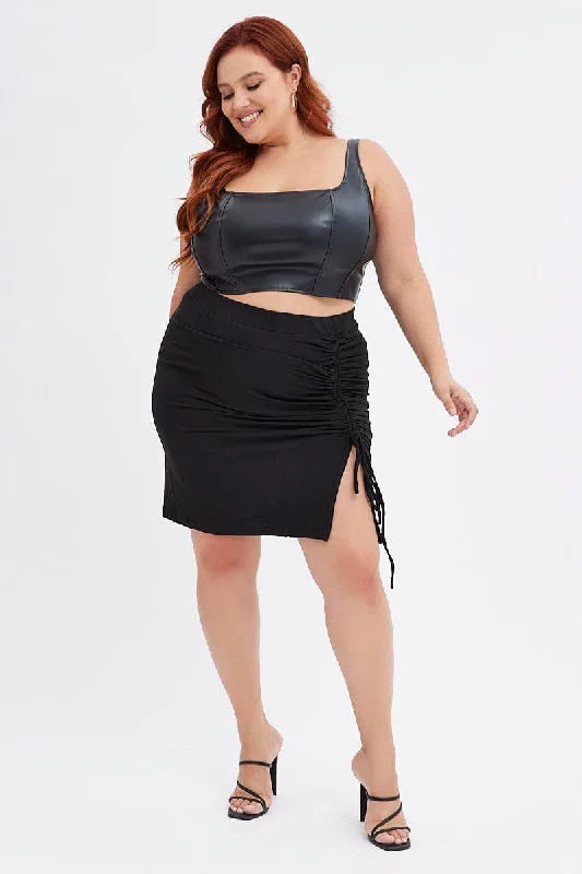 Black Midi Skirt Textured Rib Bodycon