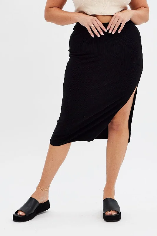 Black Rib Midi Skirt Drawstring Ruched