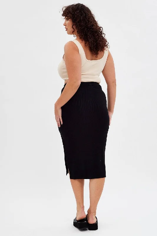 Black Rib Midi Skirt Drawstring Ruched