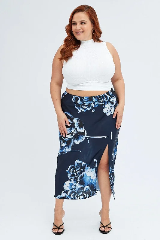 Blue Abstract Midi Skirt Split Satin Floral