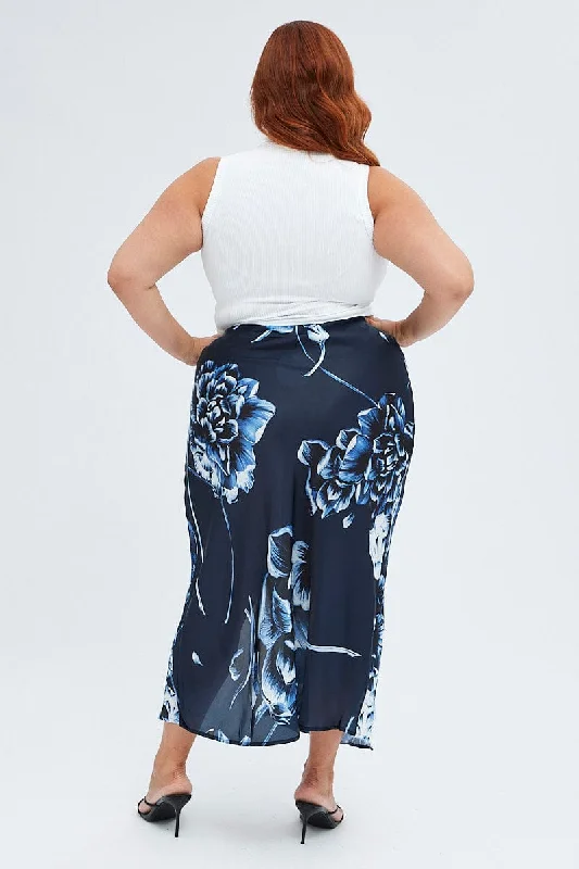 Blue Abstract Midi Skirt Split Satin Floral