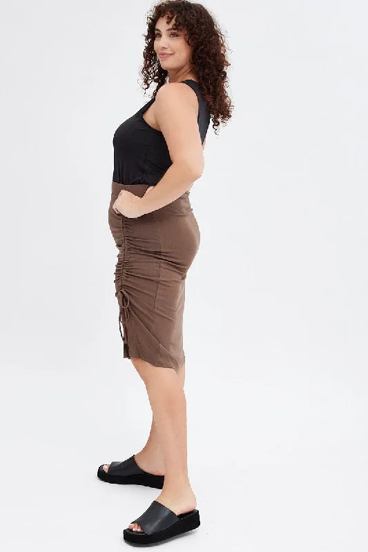 Brown Bodycon Midi Skirt Drawstring Rib