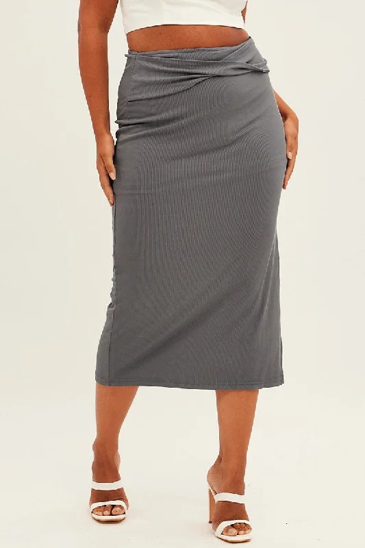 Grey Midi Skirt High Rise Pencil Ribbed