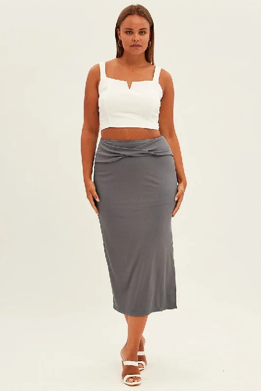 Grey Midi Skirt High Rise Pencil Ribbed