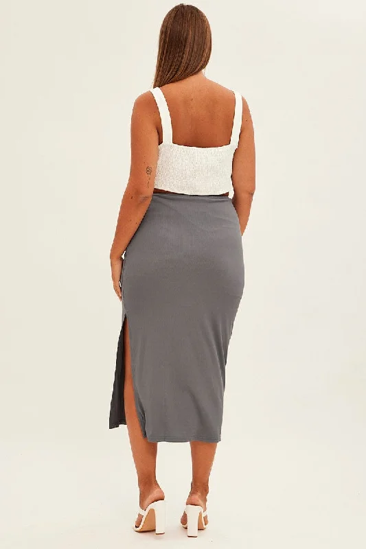 Grey Midi Skirt High Rise Pencil Ribbed