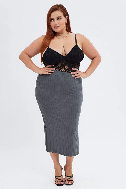 Grey Midi Skirt Wide Rib Jersey Bodycon