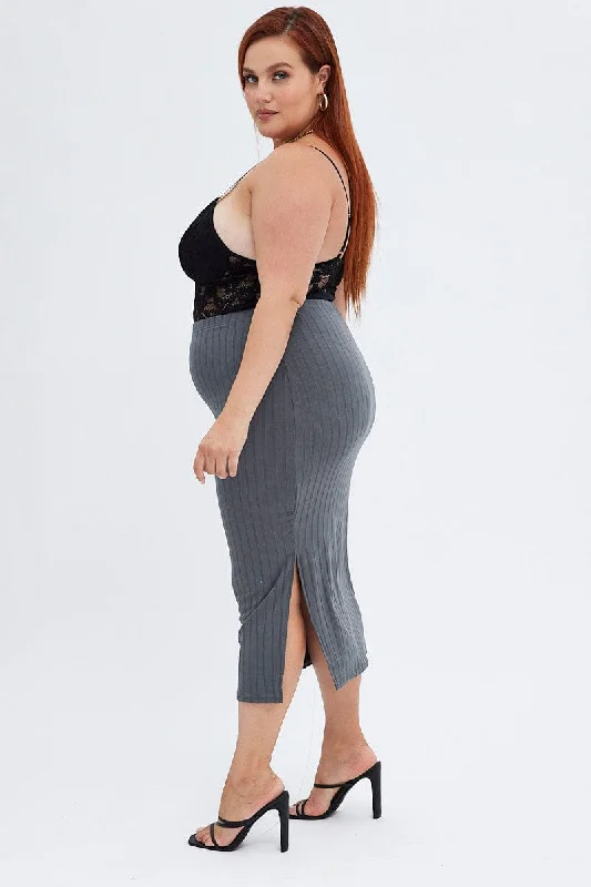 Grey Midi Skirt Wide Rib Jersey Bodycon