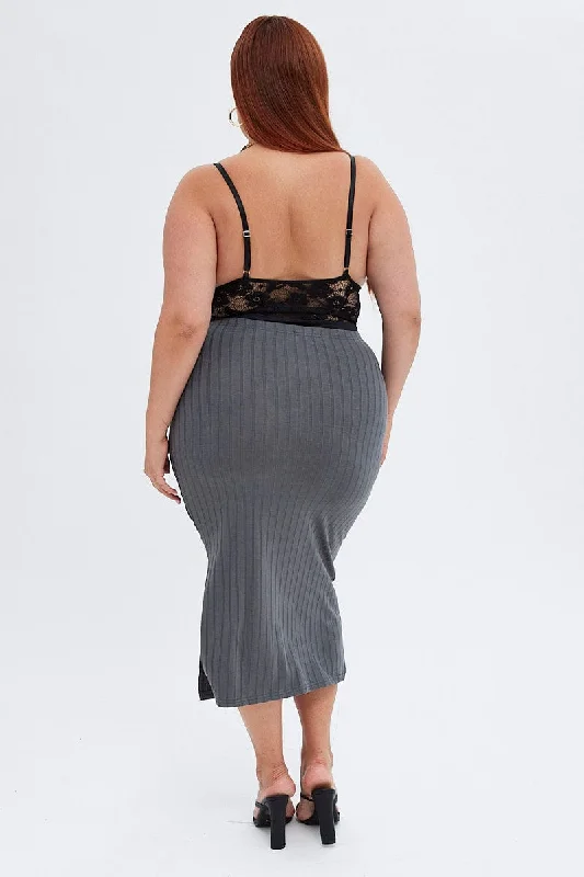 Grey Midi Skirt Wide Rib Jersey Bodycon