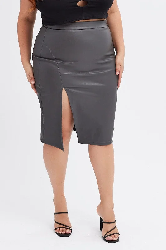 Grey Split Skirt Midi Faux Leather