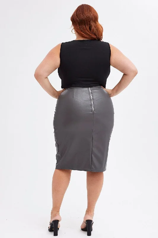 Grey Split Skirt Midi Faux Leather