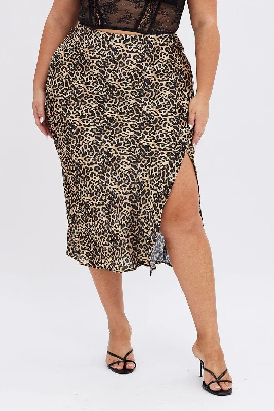 Multi Animal Print Satin Skirt Leopard Split Midi