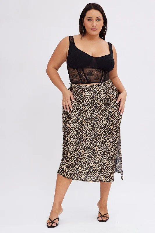 Multi Animal Print Satin Skirt Leopard Split Midi