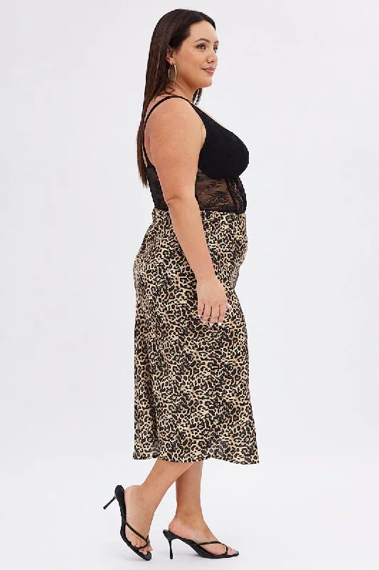 Multi Animal Print Satin Skirt Leopard Split Midi