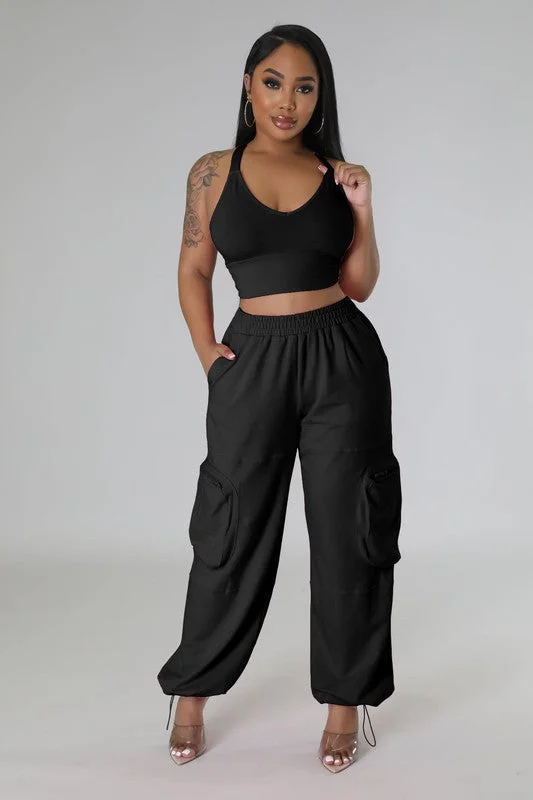 V Neck Crop Tank And Cargo Jogger Set