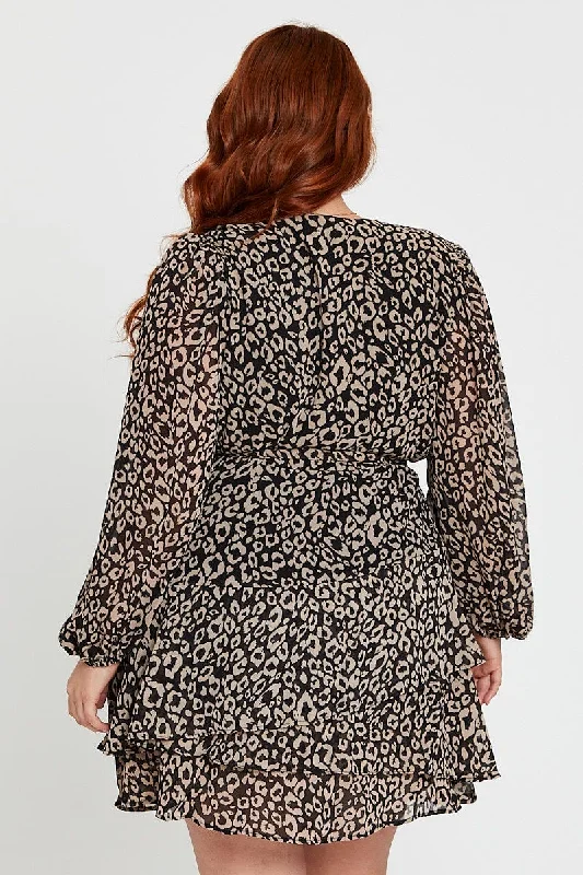 Animal Print Long Sleeve Frill Hem Leopard Skater Dress