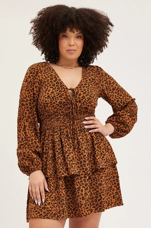 Animal Print Skater Dress V-neck Long Sleeve