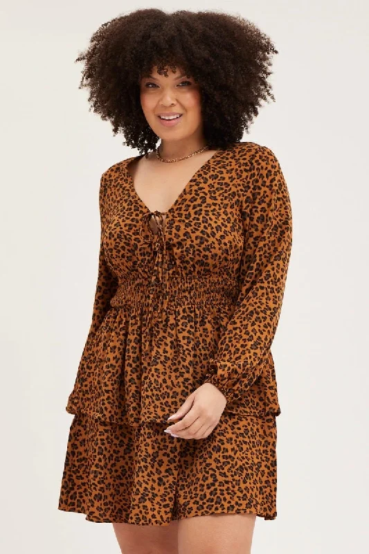 Animal Print Skater Dress V-neck Long Sleeve