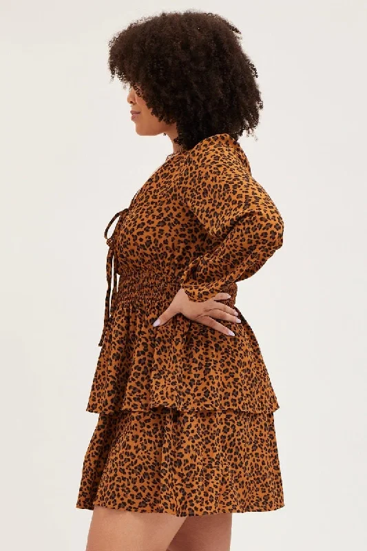 Animal Print Skater Dress V-neck Long Sleeve