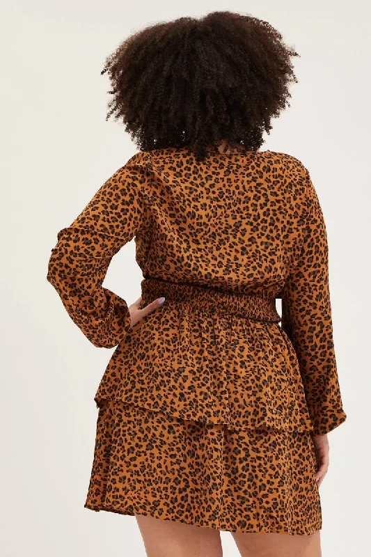 Animal Print Skater Dress V-neck Long Sleeve