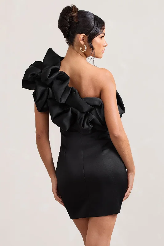 At The Opera | Black Satin One Shoulder Ruffled Mini Dress