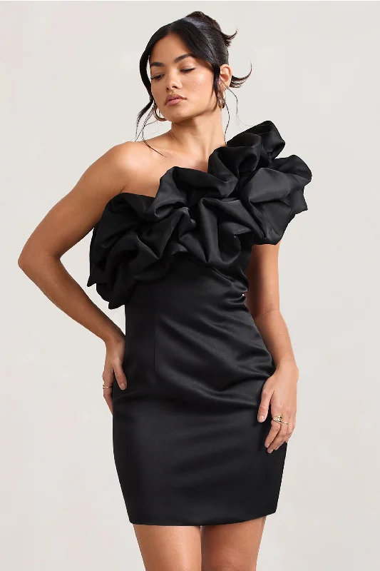 At The Opera | Black Satin One Shoulder Ruffled Mini Dress