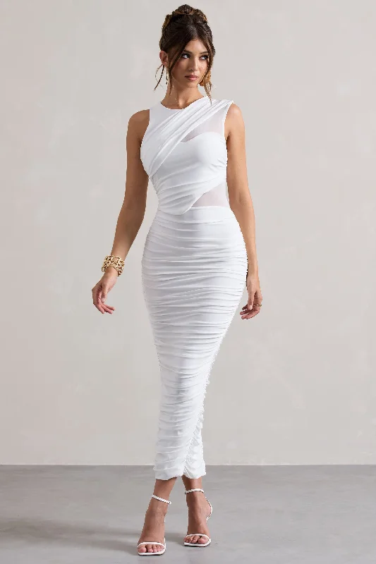 Born With It | White Sleeveless High-Neck Draped Maxi Dress With Mesh Inserts