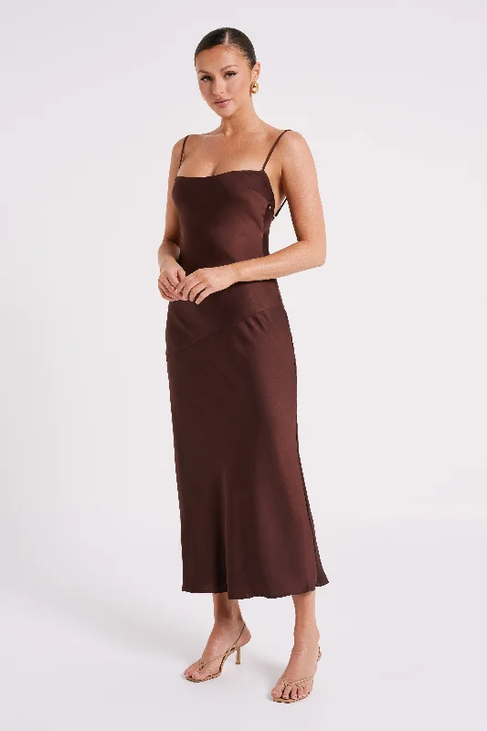 Brynlee Low Back Satin Maxi Dress - Dark Chocolate