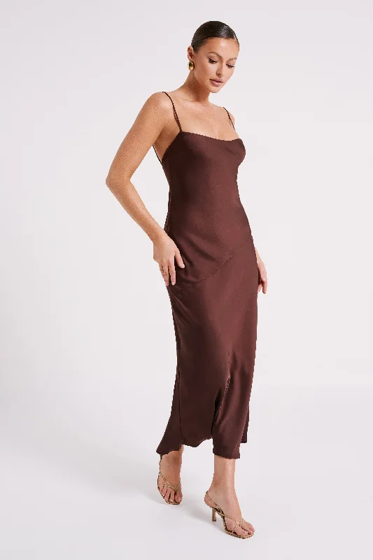 Brynlee Low Back Satin Maxi Dress - Dark Chocolate