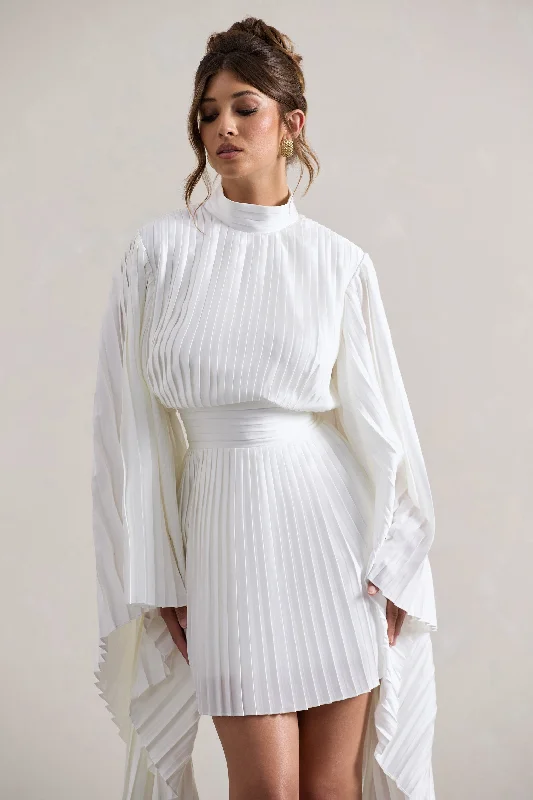 Charity | White Pleated High-Neck Mini Dress With Cape Sleeves