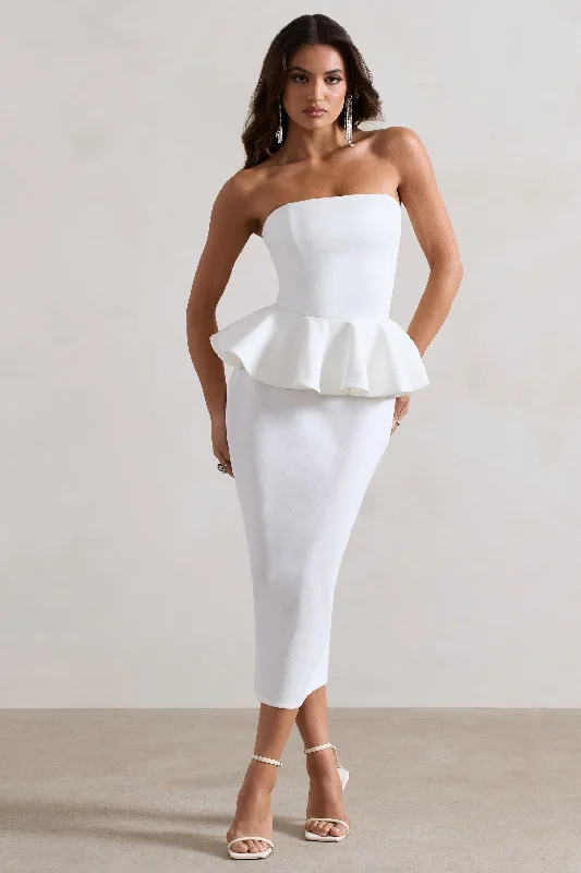 Chicago | White Bodycon Bandeau Midi Dress With Peplum Detail