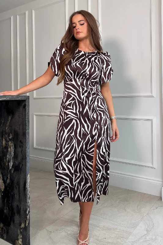 Christina Split Sleeve Split Leg Midi Dress Brown