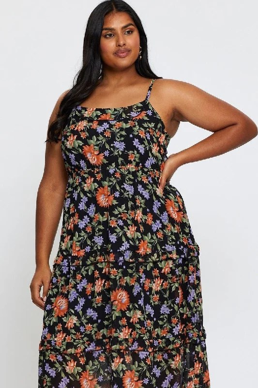 Floral Print Maxi Dress Square Neck Sleeveless