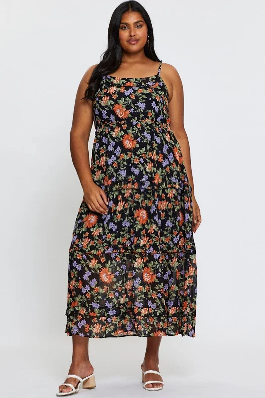 Floral Print Maxi Dress Square Neck Sleeveless