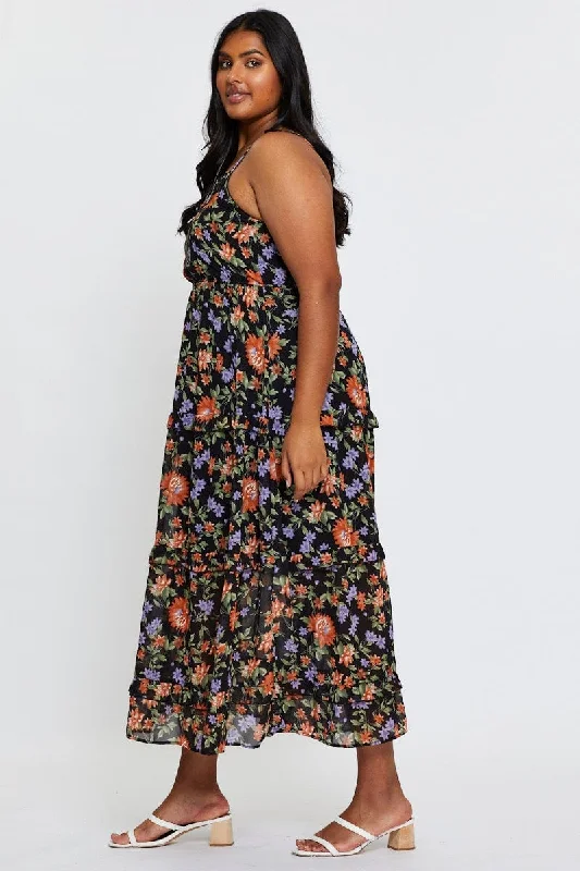 Floral Print Maxi Dress Square Neck Sleeveless