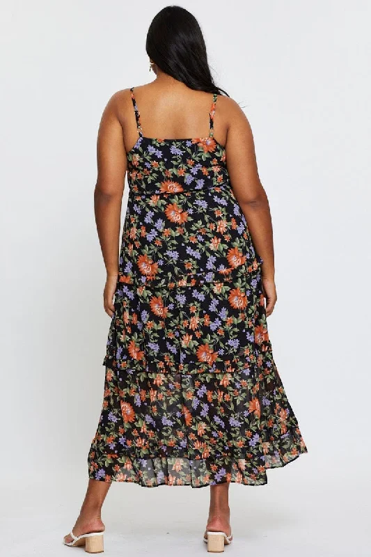 Floral Print Maxi Dress Square Neck Sleeveless