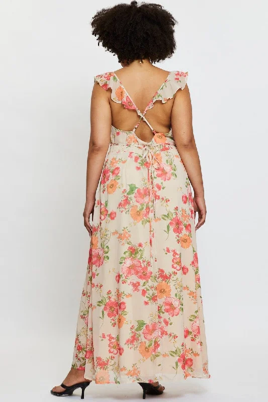 Floral Print Maxi Dress V-neck Sleeveless