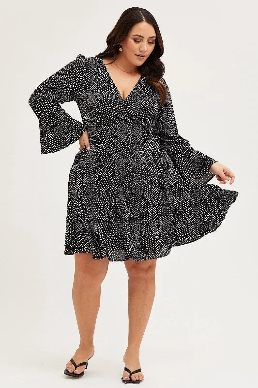 Geo Print Skater Dress V-neck Long Sleeve