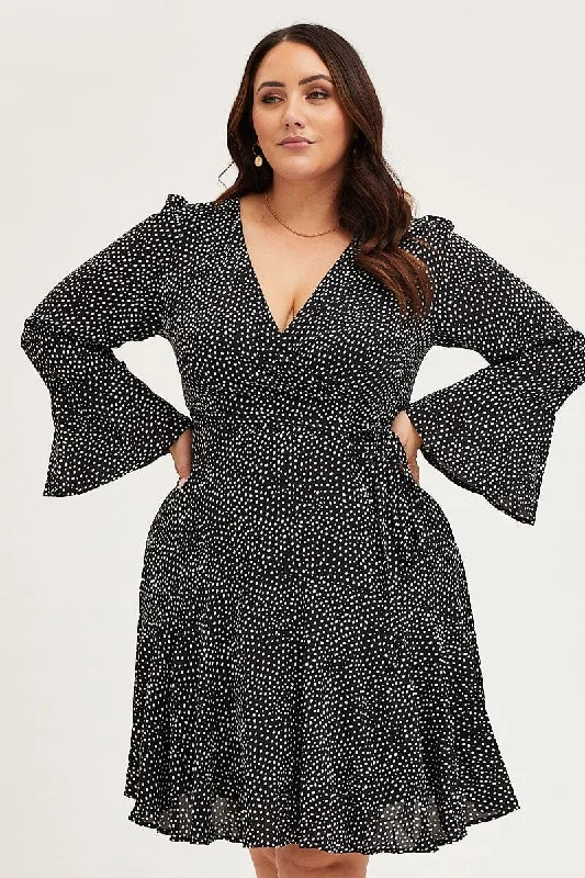 Geo Print Skater Dress V-neck Long Sleeve