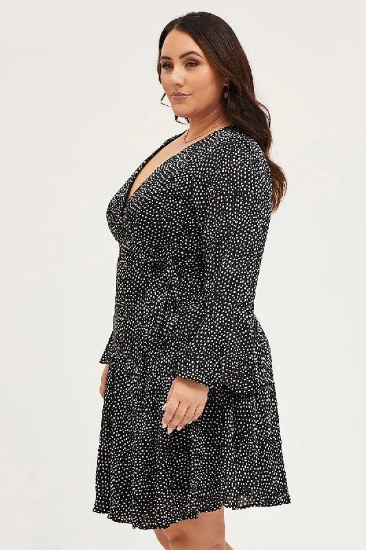 Geo Print Skater Dress V-neck Long Sleeve