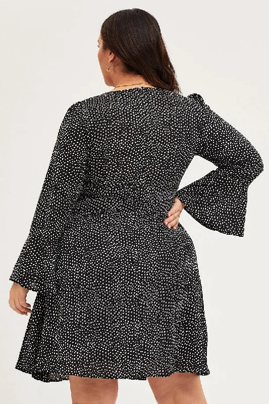 Geo Print Skater Dress V-neck Long Sleeve