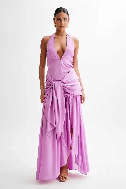 Graziana Satin Chiffon Plunge Maxi Dress - Violet