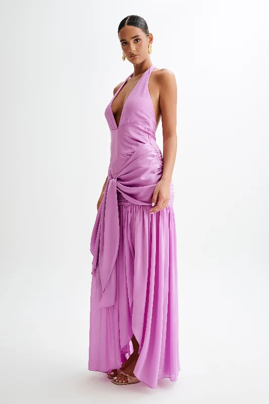 Graziana Satin Chiffon Plunge Maxi Dress - Violet